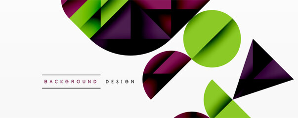 Fototapete - Abstract geometric shapes overlap. Green, purple hues dominate white space. Modern design elements create dynamic composition.