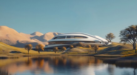 Aufkleber - 湖畔の未来的な建造物と山並み 青い空と緑の丘 風景写真 デジタルアート