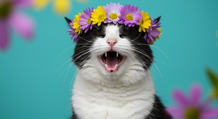 Spring in a smile: a fluffy cat laughing with a wreath of flowers on a background of pastel shades and a dreamy atmosphere