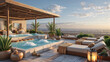 © mukhlesur - Luxurious rooftop spa oasis featuring pools loungers plants and city view in the evening