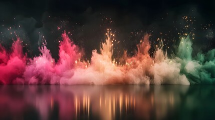 Wall Mural - vibrant explosion of colorful smoke rising above calm water surface at night