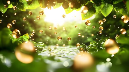 Wall Mural - Sparkling Water Droplets Falling Through Lush Green Leaves With Sunlight Filtering In