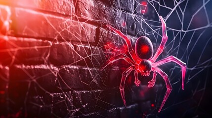 Detailed Close-Up of a Red Spider on a Dark Brick Wall with Intricate Webbing and Eerie Lighting