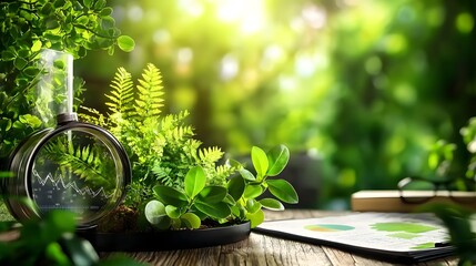 Wall Mural - Lush Greenery and Sunlit Workspace Featuring Plants and Botanical Elements with Digital Tablet