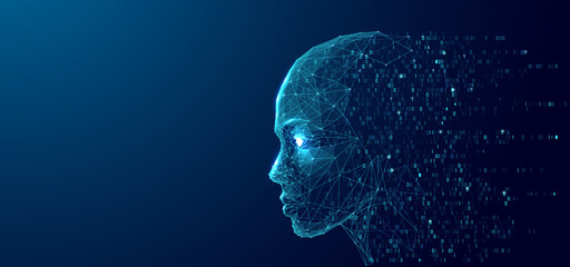 Poster - Side view. An abstract digital human consists of wireframes, lines, and connected dots on a technological blue background. AI humanoid face flows into binary code. Futuristic robot. Tech vector bg.