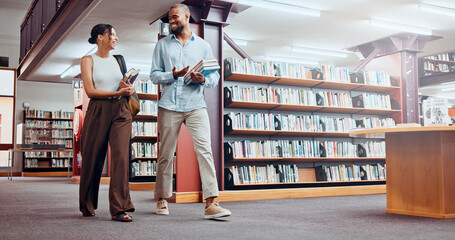 Poster - University, happy friends and students talking in library with books for exam discussion, results or laugh. People, education and college team in bookstore for funny joke, walk or learning knowledge
