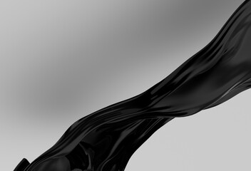 Poster - Glossy, black, fluid 3D wave flows smoothly against a light gray background, creating a modern, abstract, and elegant visual with reflective and dynamic curves.