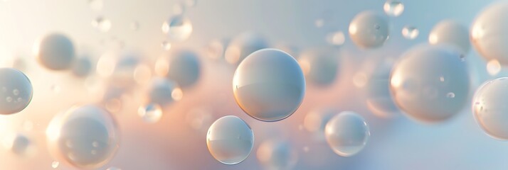 Abstract panoramic background with soft, glossy white or pearl-like spheres and water droplets floating against a gentle pastel bokeh backdrop.
