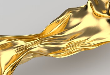 Aufkleber - Luxurious gold metallic wave flows gracefully with smooth curves on a neutral background, showcasing a modern, abstract, and elegant 3D illustration with a reflective, shiny surface.

