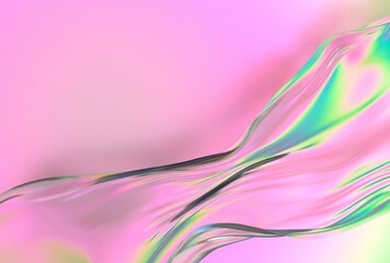 Aufkleber - Flowing, translucent 3D wave with pastel pink, green, and yellow hues moves smoothly across a soft pink background in an abstract and dreamy visual.