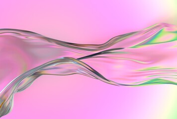 Poster - Translucent, iridescent wave with pink and green hues flows smoothly over a pastel pink background, creating a dreamy, abstract, and modern 3D visual.
