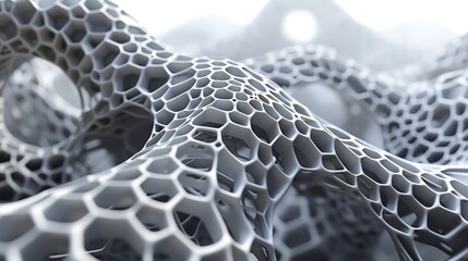 Abstract macro background showing an intricate black and white interconnected porous structure, resembling a cellular network, honeycomb, or advanced material.
