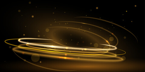 Leinwandbilder - Abstract bright gold luxury background. Vector illustration element with gold wave line, glow neon light effect on dark, black color background. Graphic design for poster, technology banner template