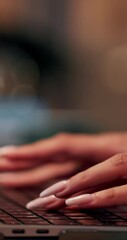 Fototapete - Laptop, night and hands of business woman in office for email marketing, lead generation or client information. Typing, keyboard and customer feedback with closeup of person in agency for deadline