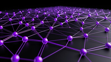 Abstract network connection with purple nodes on black surface. Digital data web concept.