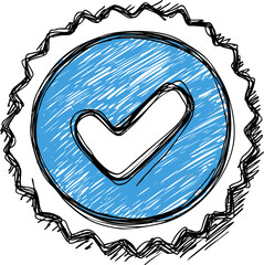 Poster - Hand-drawn blue check mark surrounded by a sketched gear shape. Vector illustration