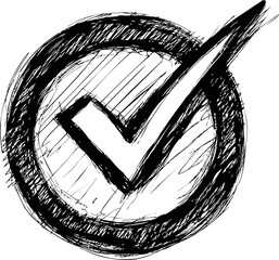 Poster - Sketched black checkmark inside a circle, abstract hand-drawn illustration. Vector illustration