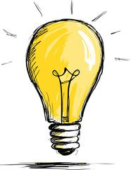 Poster - Sketch of a bright yellow light bulb with shining rays on white background. Vector illustration
