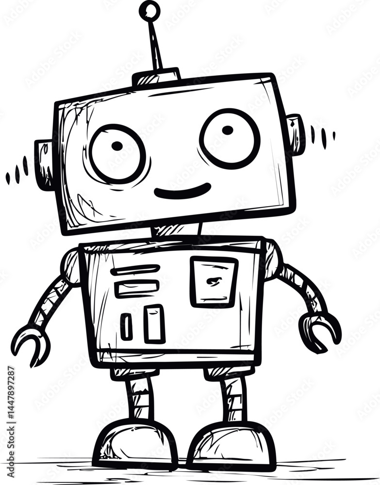 Cartoon sketch of a smiling robot with antennas and gears, simple black ...