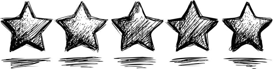 Poster - Five hand-drawn sketch stars in a row artistic doodle art. Vector illustration