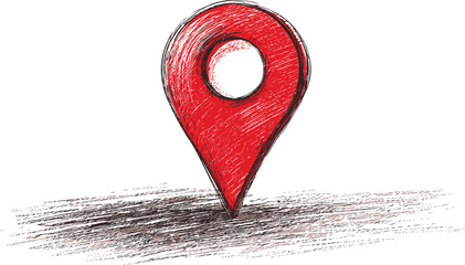 Poster - Hand-drawn red location pin sketch with shading on white background. Vector illustration