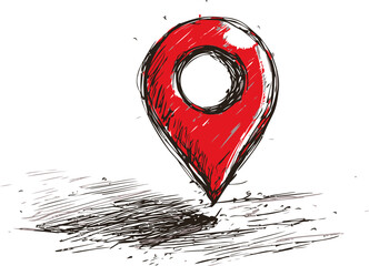 Poster - Red sketched map pin icon on textured concept of location. Vector illustration