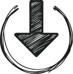 Poster - Black sketch style downward arrow surrounded by circular brush strokes. Vector illustration