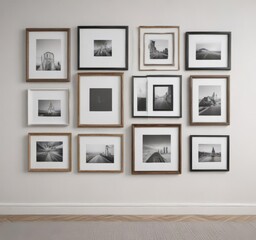 Wall Mural - Modern gallery wall mockup with assorted frames on a white wall  Various sizes and styles of frames showcased ,  arrangement,  shape,  mockup