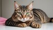 © Monster - A relaxed and gorgeous tabby cat with stunning green eyes, gazing at the camera.