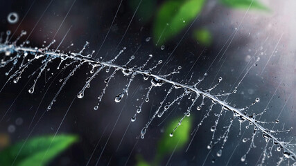 A close-up view of water beads from rain or morning dew forming on a plant with intricate details. 