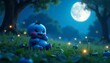 © sasongko - Blue Cartoon Character Sitting on Grass with Moon