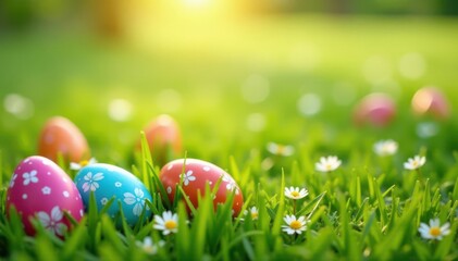  Vast field of colorful Easter eggs scattered on spring grass , sun, grass, green