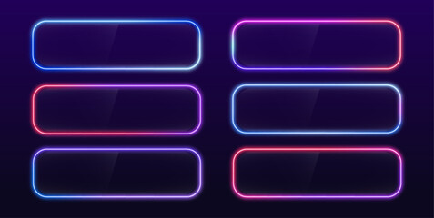 Poster - Abstract cosmic bright colorful square border. Vector set of realistic isolated neon signs colorful square frame for template and mockup on dark background. 