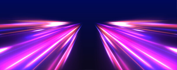 Fototapete - Neon stripes in the form of drill, turns and swirl. Speed of light concept background. Abstract background rotational border lines.	