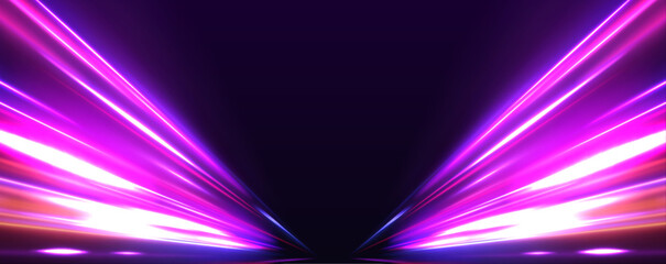 Poster - Big data traffic visualization, dynamic high speed data streaming traffic. Image of speed motion on the road. Abstract background in blue and purple neon glow colors.	