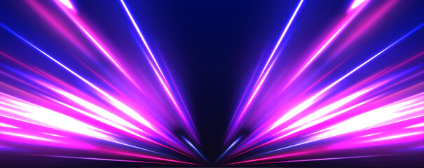 Poster - Big data traffic visualization, dynamic high speed data streaming traffic. Image of speed motion on the road. Abstract background in blue and purple neon glow colors.	
