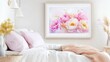 © Friendly Studio - Soft pastel peonies framed in white wood, basking in morning light on a linen cloth