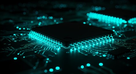 electronic chip with glowing circuitry
