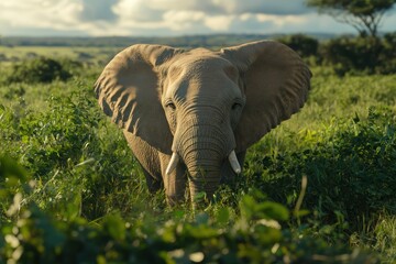 majestic elephant standing amidst verdant flora on sunny savanna plains natural light and gentle bre