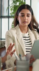 Fototapete - Business woman, team and discussion with tablet for solution or ideas for insurance policy. Collaboration, hands or planning with tech in office for coverage sales, risk management or problem solving