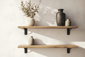 Aufkleber - Minimalist interior scene featuring wooden shelves with vases against a textured white wall in soft natural light showcasing home decor and simple elegance