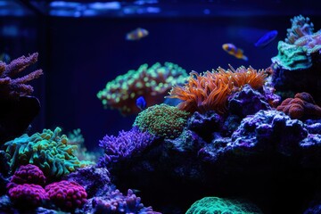 Poster - Vibrant underwater world showcasing colorful coral reefs and exotic fish swimming in a dark blue aquarium creating a serene and captivating marine environment
