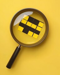 Leinwandbilder - Magnifying glass revealing a geometric pattern of yellow and black squares on a vibrant yellow background for a modern and minimalist concept with a studio shot