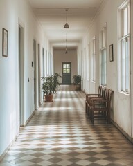 Poster - Serene hallway perspective with checkered floor, natural light, potted plants, and wooden chairs creating a tranquil and inviting interior space with a vintage charm