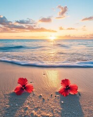 Poster - Serene beach sunrise with hibiscus flowers on the sand reflecting golden light creating a tranquil and peaceful scene with a soft and warm atmosphere