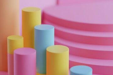 Fototapete - Pastel Geometric Arrangement Cylinders and Platforms in Pink Yellow Blue and Orange for Modern Abstract Background Presentation Stage or Display with Soft Lighting and Dreamy Feel
