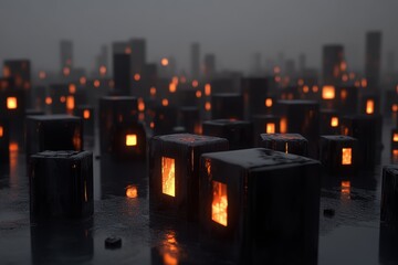 Fototapete - Ethereal cityscape of glowing cubes amidst a misty expanse evoking a sense of mystery and futuristic urbanism with its dark palette and subtle reflections