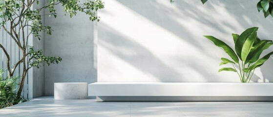 Aufkleber - Serene Indoor Scene with Natural Sunlight Cascading on a White Textured Wall and Verdant Green Plants