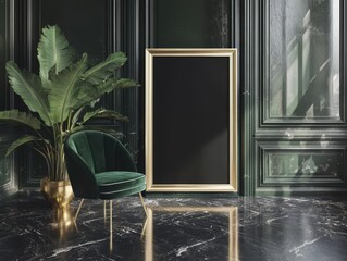 Aufkleber - Elegant interior with green velvet chair and golden frame against a dark wall stylish mockup luxury plant marble floor artistic space contemporary design