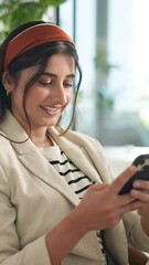 Wall Mural - Office, businesswoman and scroll with smartphone for chat, online conversation and smile for comment. Break, female person and worker with mobile for application, message and reading on social media